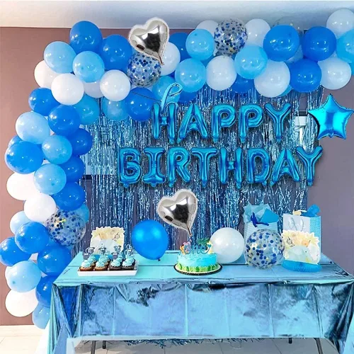 Vista 4 de Morofme Juego de decoraciones de fiesta de cumpleaños azul con 38 globos, confeti, globos de aluminio, cortinas con flecos para eventos temáticos