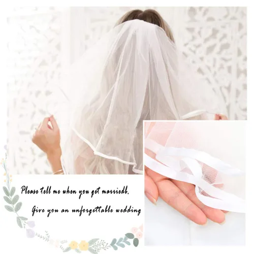 Vista 7 de Velo de novia de Feality con borde de cinta para novias blanco