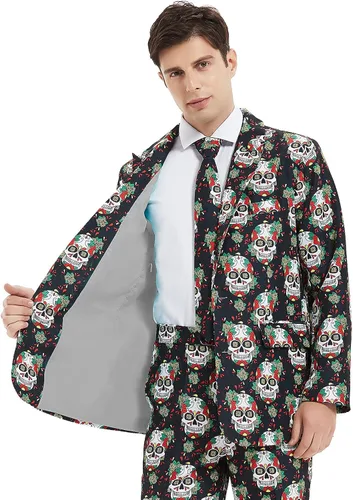 Vista 4 de ACH Traje de Halloween para hombre, disfraz de fiesta para adultos, con diferentes estampados, 3 piezas, chaqueta fea y divertida para hombre, traje