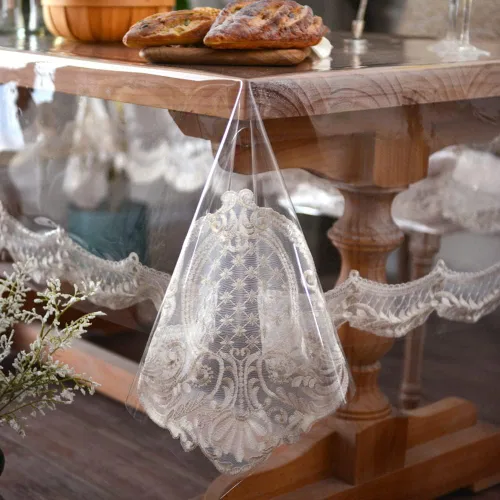 Vista 13 de ARTABLE Mantel rectangular de vinilo de PVC, impermeable, transparente, con borde de macramé de encaje champán, para boda, cocina, hogar
