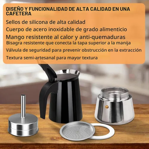 Vista 7 de 2 tazas de 3.4 fl oz Moka Pot de acero inoxidable, cafetera para estufa, cafetera italiana, estilo clásico, Greca Café, máquina de moca para Negro