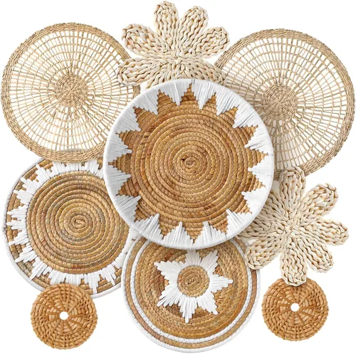 Vista 8 de Xuhal Juego de 8 cestas de pared colgantes tejidas, hechas a mano, decorativas, rústicas, estilo bohemio, cestas de pared artesanales de mimbre