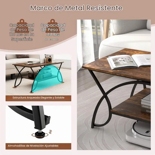 Vista 6 de GIANTEX - Mesa auxiliar de 2 niveles con almacenamiento, mesa central de madera de 39.5 pulgadas, color marrón