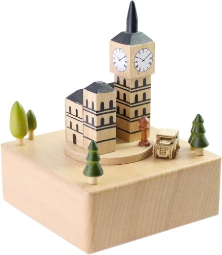 Vista 3 de Bonita caja musical de madera hecha de calidad con el Big Ben de Londres con coche magnético pequeño y móvil Reproduce la canción "Castle in The