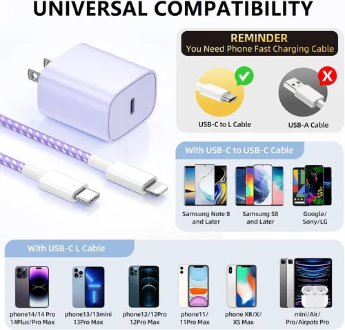 Vista 6 de Cargador de teléfono de carga rápida, paquete de 4 bloques de cargador de pared USB C de 20 W con cable Cable de carga tipo C de 6 pies compatible