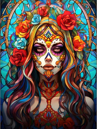 Vista 12 de Pintura de diamantes de calavera de azúcar 5D, kit de numeración, arte del día de la muerte, arte de pared de rosa roja, arte de pared con diamantes