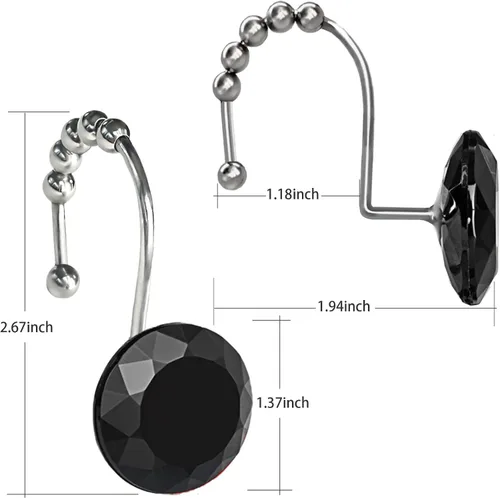 Vista 2 de Ganchos de cortina de ducha de cristal negro con diamantes para baño, 12 unidades, anillos de acero inoxidable plateados a prueba de óxido, colgador