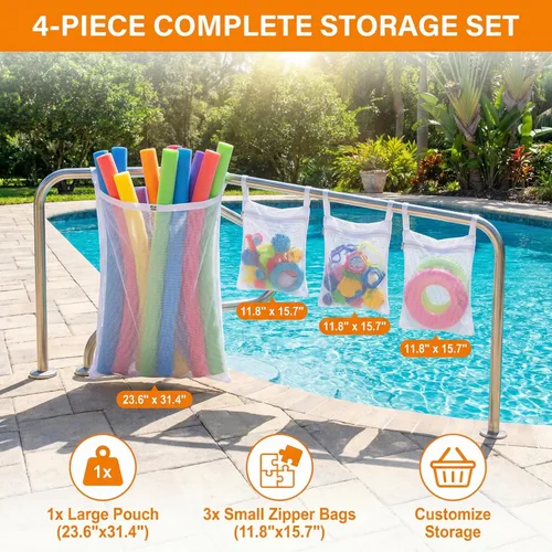 Vista 4 de ¡Perfección junto a la piscina! 4 bolsas de almacenamiento de malla para juguetes, fideos de piscina, flotadores vibrantes – ¡Organiza tu