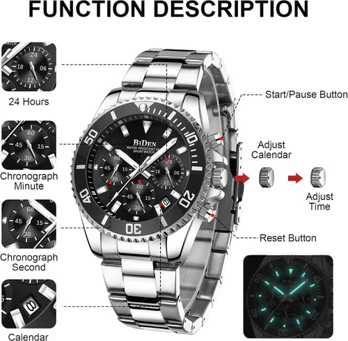 Vista 6 de Relojes para hombre, cronógrafo, acero inoxidable, impermeable, fecha analógica, de cuarzo, de negocios, relojes de pulsera, A2-plata
