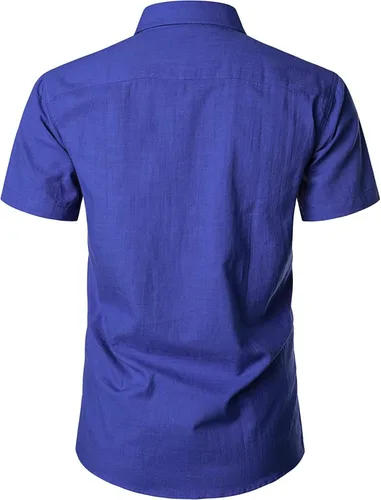 Vista 3 de ZEROYAA Camisas de lino y algodón ajustadas para hombre, de manga corta, con botones, ligeras, para la playa, con bolsillo