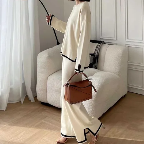 Vista 2 de MaLinfandor Conjunto de 2 piezas de suéter de punto para mujer, sudadera de manga larga, pantalones elásticos de pierna ancha, conjunto de ropa