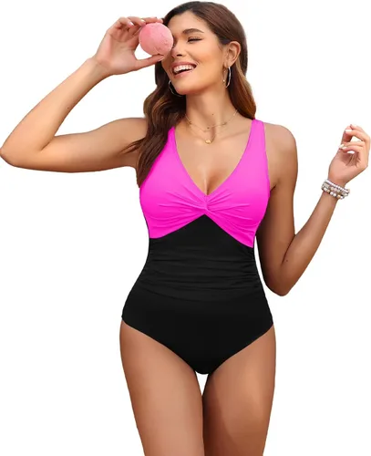 Vista 7 de Traje de baño de una pieza con control de abdomen para mujer Rosado intenso y negro