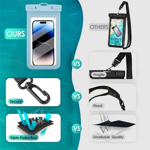 Vista 4 de Bolsa impermeable para teléfono móvil, color azul, adecuada para varios modelos de iPhone, excelente calidad sin afectar el control táctil