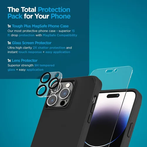 Vista 2 de Case-Mate Funda para iPhone 14 Pro (negro intenso), vidrio templado y protector de lente, protección contra caídas de 15 pies, compatible