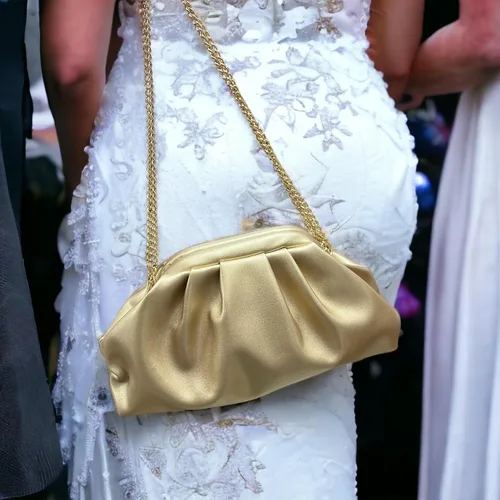 Vista 6 de expouch Bolso de noche con diseño fruncido para mujer, con cadena dorada, bolso de hombro