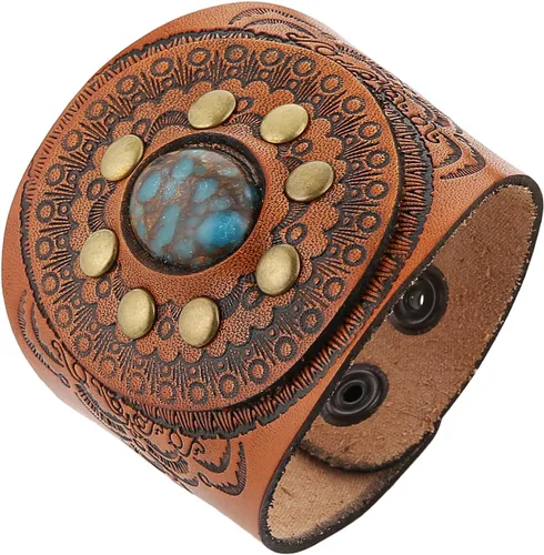 Vista 8 de HZMAN Pulsera de cuero turquesa vintage, ajustable, punk, girasol, para hombres y mujeres
