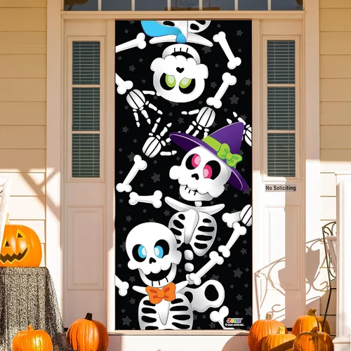 Vista 6 de JOYIN Cubierta de puerta de 30 x 72 pulgadas, decoración de Halloween de esqueleto, decoración del hogar, calcomanías de casa encantada, suministros