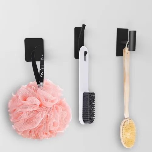 Vista 3 de Ganchos adhesivos negros para toallas de baño montados en la pared, paquete de 4 ganchos para toallas de baño, soporte para bata, gancho de acero