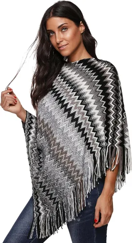Vista 3 de SherryDC Poncho con flecos de punto en zigzag para mujer