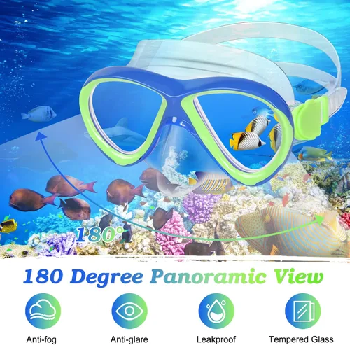 Vista 6 de Snorkeling Gear for Kids Ages 5-15, 4 in 1 Mask Fins Snorkel Set with HD Tempered Glass Panoramic View Anti-Fog Mask, Dry Top Snorkel, Adjustable