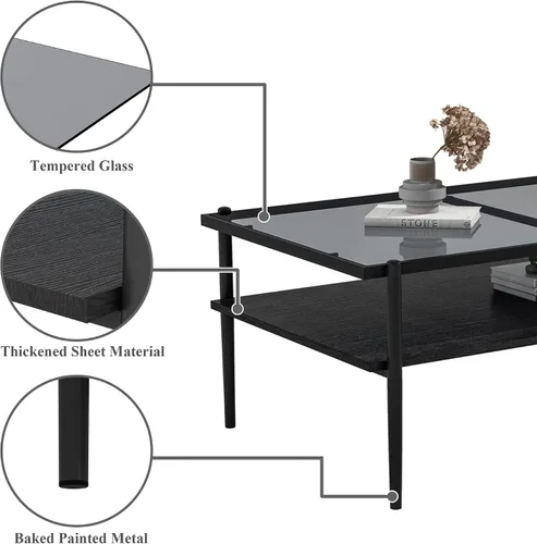 Vista 5 de Mesa de centro moderna rectangular con tapa de vidrio templado con estante de madera para el hogar, sala de estar, oficina, tienda o dormitorio