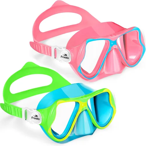 Vista 9 de Freela Paquete de 2 gafas de natación para niños y niñas de 3 a 14 años, lente de vidrio templado de 180° HD con cubierta de nariz para piscina