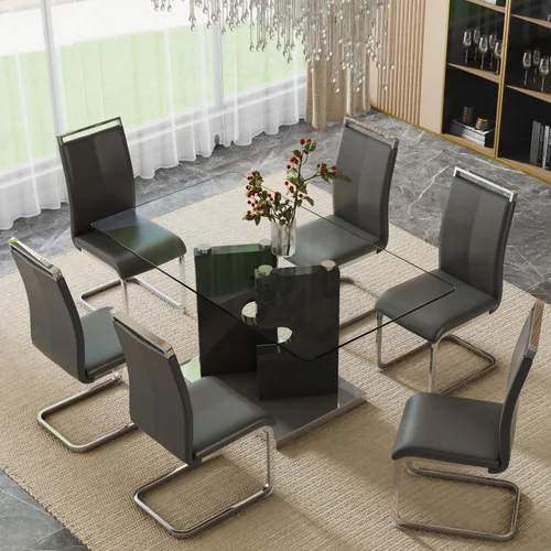 Vista 17 de Juego de 4 mesas de comedor de cristal, juego de mesa de comedor de Mesa negra+silla negra