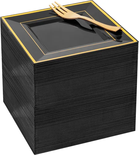 Vista 7 de Platos de postre de plástico plateado con tenedores de plástico, 100 platos cuadrados desechables para aperitivos, platos pequeños con borde Blanco