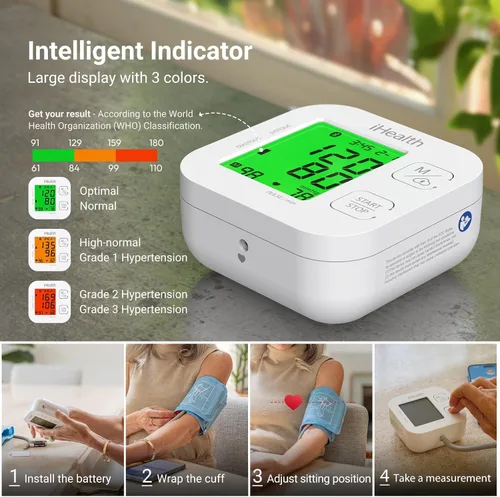 Vista 3 de iHealth Track Smart Monitor de presión arterial de brazo superior con manguito de amplio rango que se adapta a brazos de adulto estándar a grandes
