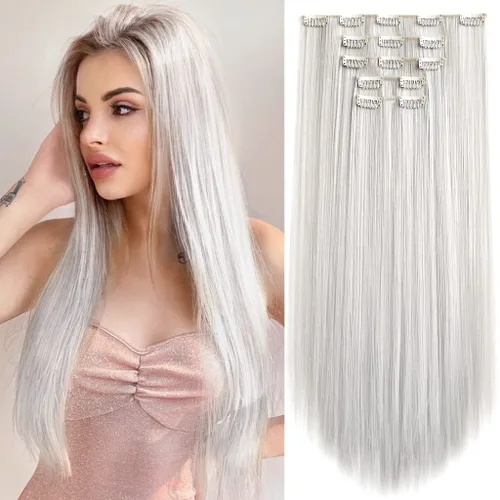 Vista 17 de Extensiones de cabello sintético con clip, color burdeos de 18 pulgadas de largo, invisibles, gruesas, extensiones de cabello lacio con clips, 5