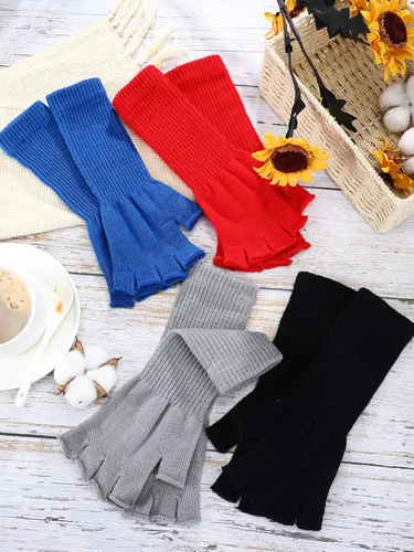 Vista 7 de Boao 4 pares de guantes largos de punto para mujer, sin dedos, guantes de invierno de medio dedo