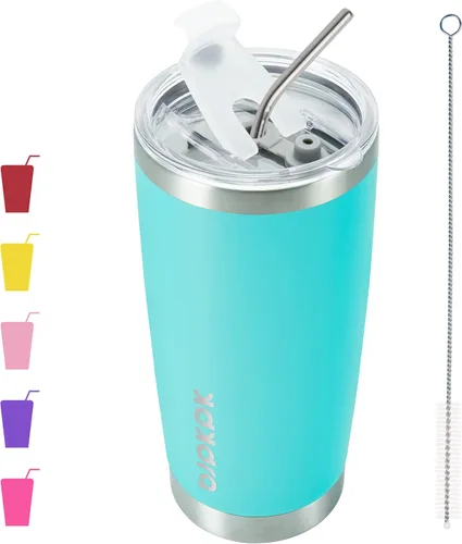 Vista 31 de BJPKPK Vaso térmico negro con tapa y pajita, de acero inoxidable, de 20 onzas, para café Pintura de caucho negro