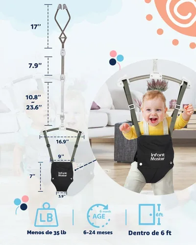 Vista 5 de Saltadores de puerta para bebés Infant Master, saltador Johnny resistente ajustable de 10.8"-23.6" de correa, suave rebotador de bebé con bolsa