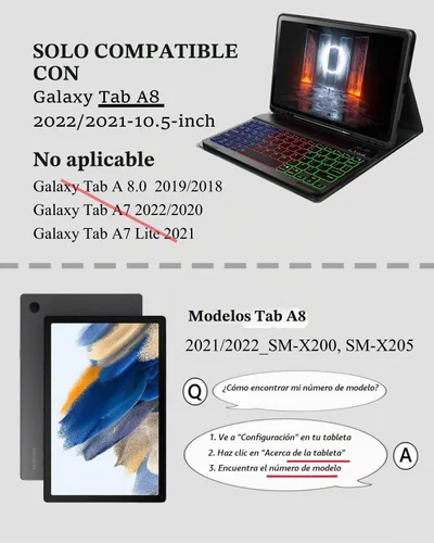 Vista 2 de Funda para tablet A8 con teclado Samsung Galaxy Tab A8 de 10.5 pulgadas 2021/2022 SM-X200, SM-X205 Dazzle Magic Keyboard retroiluminado Soporte