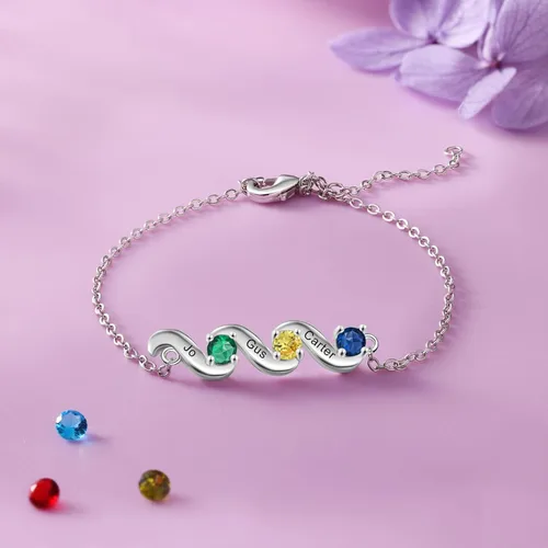 Vista 4 de Lam Hub Fong Pulsera personalizada de regalo para el día de la madre, pulseras personalizadas con nombre de piedra natal para mamá de hija, pulseras