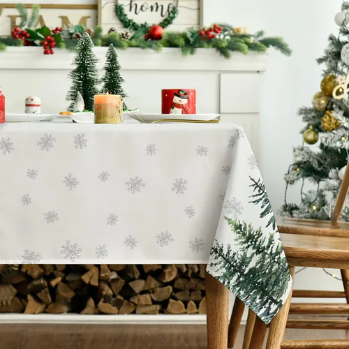 Vista 3 de Horaldaily Mantel de Navidad rectangular de 52 x 70 pulgadas, diseño de árboles de nieve de invierno, color blanco, lavable, para fiesta, picnic