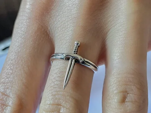 Vista 5 de Anillo de espada de plata de ley 925, banda de daga, ajuste abierto, joyería unisex