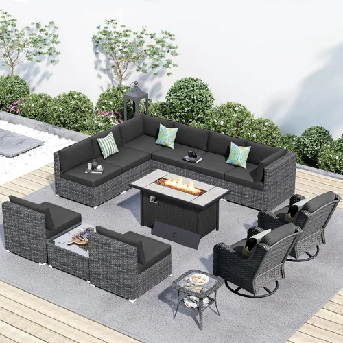 Vista 21 de HOOOWOOO Juego de sofá modular para patio al aire libre, 7 piezas en forma de U, juego de sofá de mimbre rústico para 6 personas, juego de Beige
