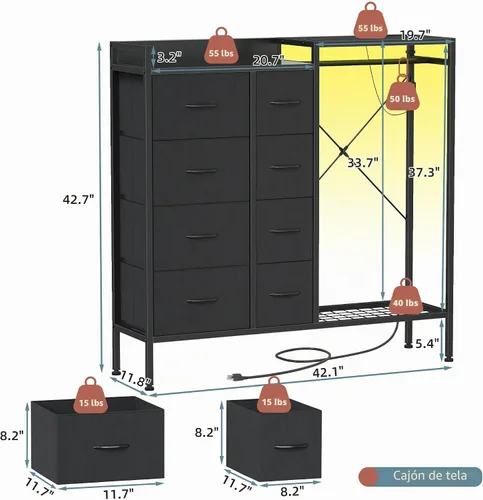 Vista 2 de HIGDBFE Cómoda con estante para colgar, cómoda de 8 cajones para dormitorio con estación de carga y luces LED, cómoda de tela con zapatero, cómoda