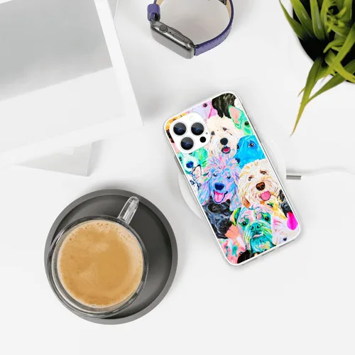 Vista 5 de Diseño para iPhone 14 Pro Max, diseño de acuarela de perros, collage de Pug para iPhone, protección a prueba de golpes, funda transparente de TPU