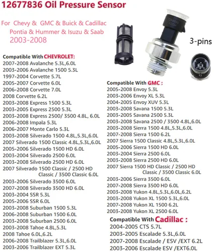 Vista 5 de 12677836 Sensor de presión de aceite para Chevy Silverado GMC Sierra Cadillac Escalade compatible con Tahoe Suburban Avalanche Impala Yukon Express