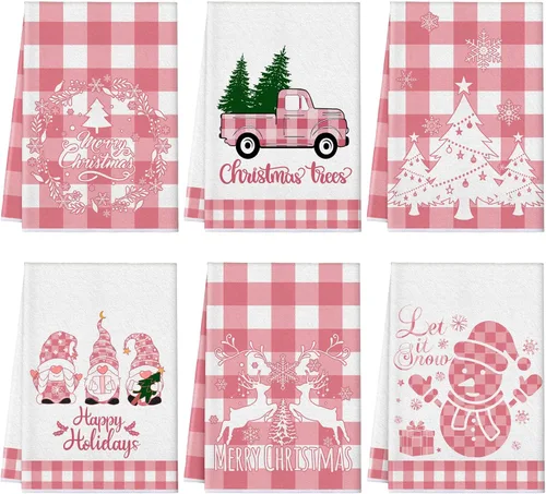 Vista 8 de Sratte 6 piezas de toallas de cocina navideñas, toallas de mano de muñecos de nieve de invierno, toallas absorbentes de árbol de Navidad y renos