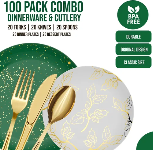 Vista 5 de Trendables Platos de Navidad desechables 100 piezas de vajilla navideña, juego de platos de plástico de Navidad incluye: 20 platos llanos de 10