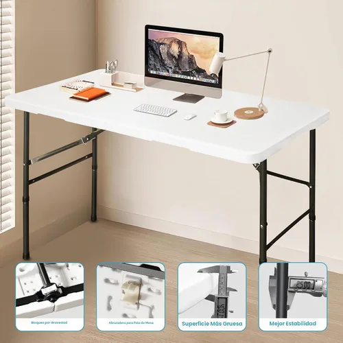 Vista 5 de Bblife Mesa portátil plegable para eventos de 4 pies, mesa de camping de plástico con 2 alturas ajustables, mesa de utilidad resistente para Blanco