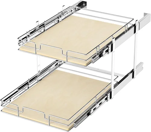 Vista 10 de ROOMTEC Organizador de Gabinete Extraíble Individual de 2 Niveles 16½"An x 21½"Pr, Organizadores de Estantes de Madera Deslizantes, Organización