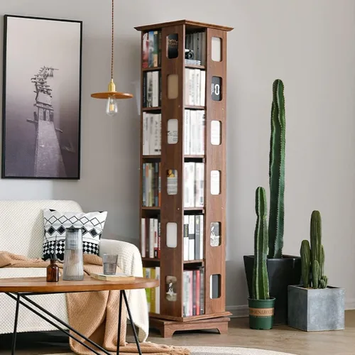 Vista 2 de Estantería creativa giratoria de 360°, estante simple y moderno de varias capas, estantería de madera para sala de estar, estudio y oficina