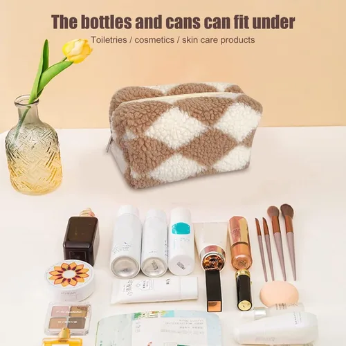 Vista 5 de Bolsa de Maquillaje a Cuadros de Felpa Bolsa de Cosméticos Estética a Cuadros Bolsos de Mano Lindos con Cremallera Bolsa de Viaje para Artículos