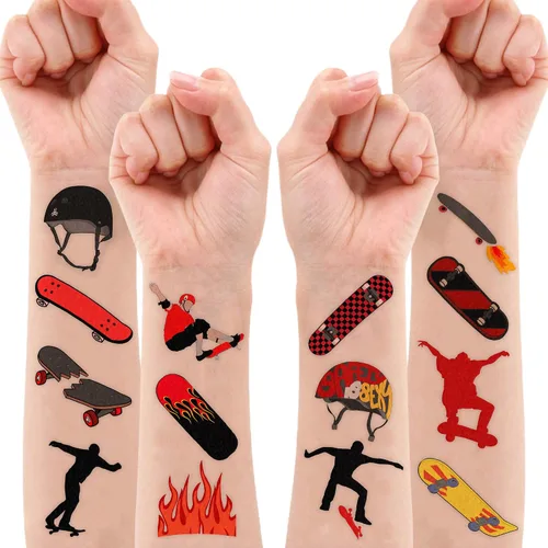 Vista 9 de 96 tatuajes temporales precortados para patineta, decoraciones de fiesta de cumpleaños con temática de patinaje, divertidas calcomanías para niños