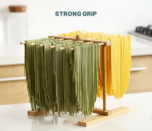 Vista 3 de Estante de secado de pasta de bambú con varita de transferencia y 12 barras, fácil de transferir para secar pasta y cocinar, diseño de suspensión