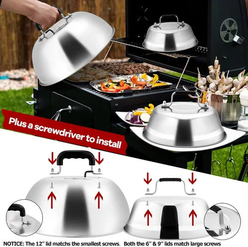 Vista 4 de Joyfair - Juego de 3 cúpula para fundir queso, tapas de cocción para parrilla de acero inoxidable con ventilación ajustable para barbacoas/cocina al